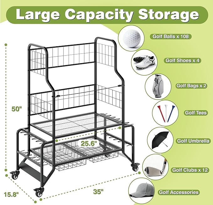 Heavy-Duty Golf Bag Storage Garage Organizer with Wheels - Large Dual Bag Stand & Club Rack with 2 Ball Drawers, Innovative Wave Holder, and Extra Shoe Shelf for Garage & Home