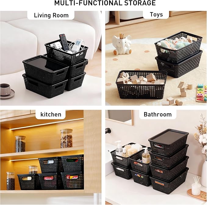 Plastic Storage Baskets With Lid, Storage Bins for Organizing, Stackable Decorative Containers for Shelves Drawers Desktop Closet Playroom Classroom Office, 6 Pack-Black