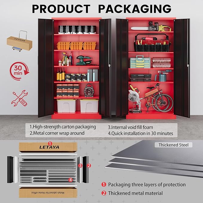 Letaya Metal Storage Cabinets with Lock, 72" Tall Locker Organizer Steel Cabinets, Adjustable Layers Shelves 2 Doors for Home, Office, Warehouse,Garage(Black Red)