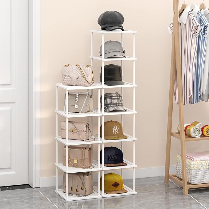 Bamboo Free Standing Shoe Rack Shelf Multi Tier Tall Wooden Stackable Shoes Rack Organizer for Closet Front Door Entrance Narrow Vertical Shoe Storage Rack for Corner Stand (White, 12 Tiers)