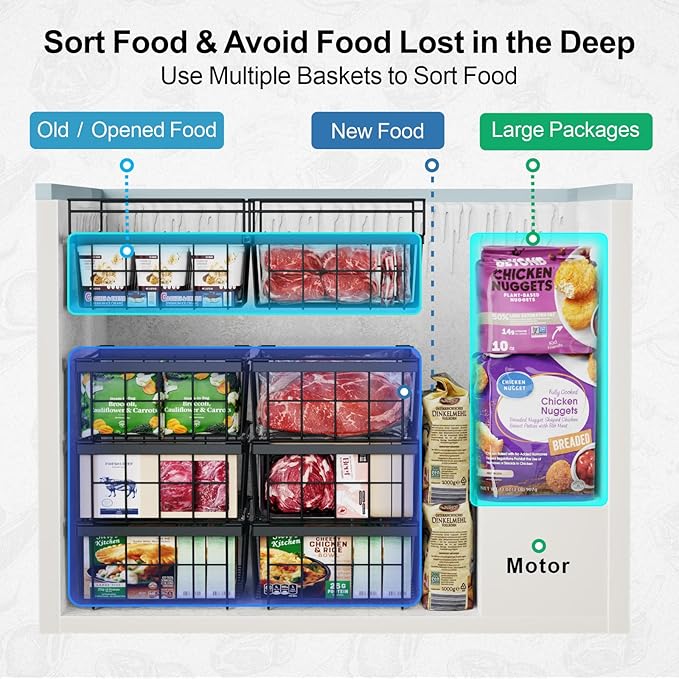 iSPECLE Deep Freezer Organizer Bins - 3 Pack Large Freezer organizer Bins, Hanging Basket Expands to 22.6" (L), Stackable Bins Expand to 17.1"(L), Fit 10 to 20 Cu.FT, 1 Hanging & 2 Stacking, Black