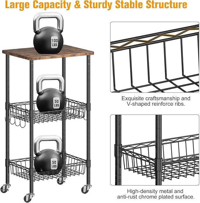 Homeiju Rolling Kitchen Storage Cart, 3-Tier Storage Rack on Caster Wheels with Adjustable 2 Baskets, Coffee Station Cart Rack Shelf Organizer for Living Room Office, Balcony, Rustic Brown/Black