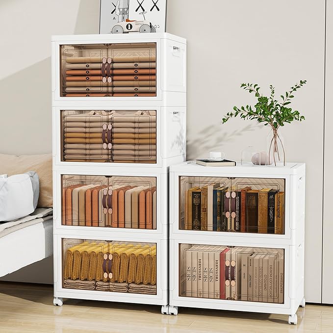 Storage Bins with 2 Lids and Wheels, Collapsible Bathroom Storage Cabinet with Clear Doors, Plastic Stackable Closet Organizers and Storage Containers White 597 QT
