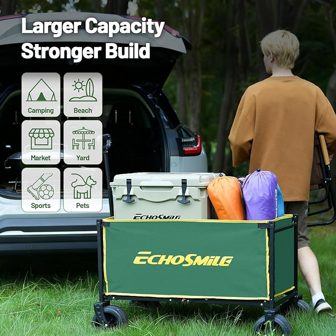 EchoSmile Collapsible Wagon Cart for Camping & Beach - Heavy Duty 400lbs Capacity All-Terrain Cart with Wide Wheels, Portable Folding Utility Wagon for Grocery, Garden, Sports,Green&Yellow