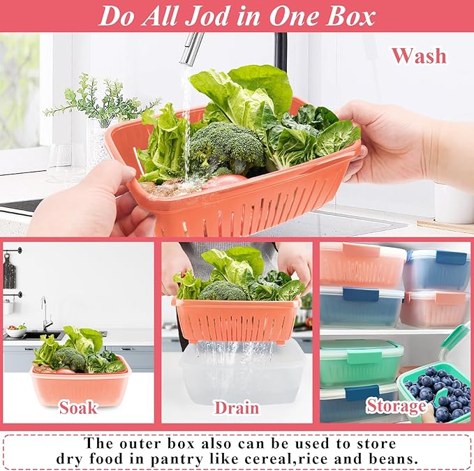 68oz Berry Keeper Fruit Storage Container for Fridge, Fresh Food Produce Saver Containers with Removable Drain Colanders, Vegetable Lettuce Keeper Bowl, Refrigerator Organizer, PRESS TO OPEN CLOSE LID