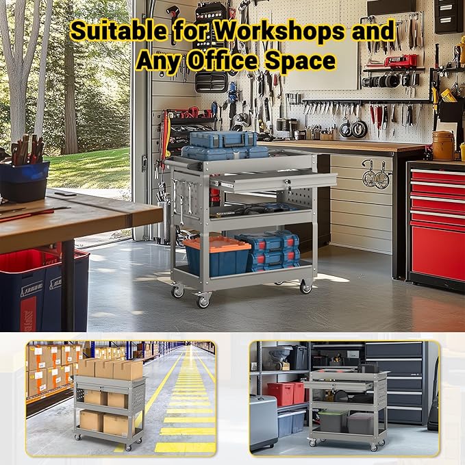3 Tier Rolling Tool Cart on Wheels, 550 LBS Tool Cart with Drawers，Heavy Duty Utility Cart with Pegboard and Hook，Mechanic Tool Storage Cart for Garage, Warehouse and Repair Shop(Gray)
