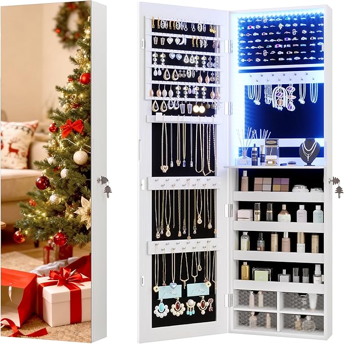 Vlsrka 47.2" LED Jewelry Mirror Cabinet, Wall/Door Mounted Jewelry Armoire Organizer with Full Length Mirror, Large Storage Hanging Cabinet, 4 Drawers, 5 Shelves, Built-in Lighted Mirror (White)
