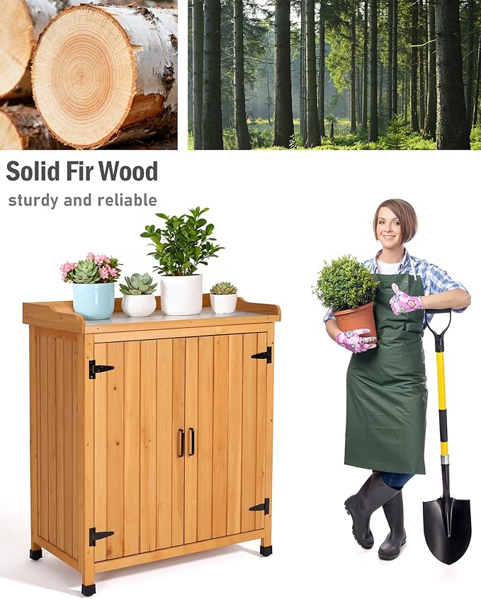 Outdoor Storage Cabinet with Metal Work Top|Waterproof Wooden Potting Bench|Spacious Patio Cabinet with Raised Side Rail for Garden Tools, Backyard,Lawn Gardening|Wood Outdoor Cabinet