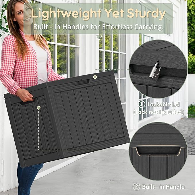Outdoor Storage Box, Weather-Resistant Resin Deck Box for Patio, Balcony, Poolside, Holds Garden Tools & Cushions (45 Gallon, Black)