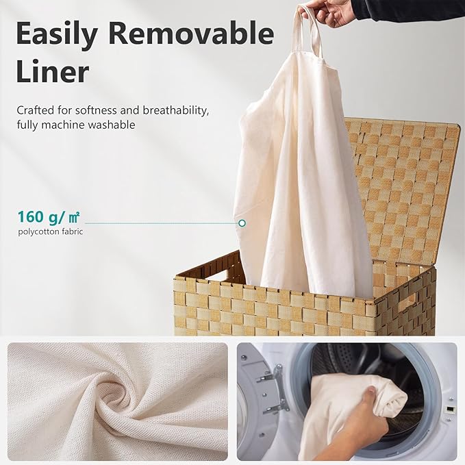 Foldable Laundry Hamper Basket with Lid by Fiona's magic, Handwoven 96L Large Clothes Hamper with Removable Liner Bags, Collapsible Tall Hamper for Bedroom, Bathroom and Dorm Organizer, 2Pack, Natural