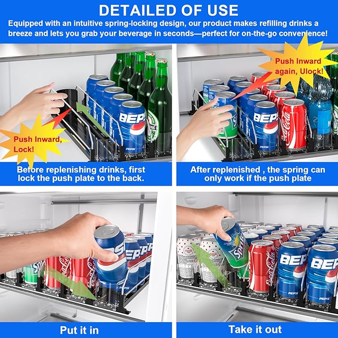 6 Rows Black Drink Organizer for Fridge, 3rd Gen Refrigerator Organizers and Storage, Automatic Pusher Glide and Adjustable Width Can Organizer for Refrigerator - Holds up to 30 Cans