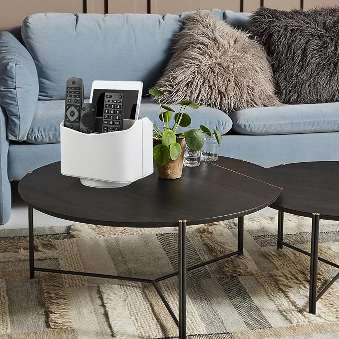 HofferRuffer Spinning Remote Control Holder, Remote Caddy, 360 Degrees Rotatable Remote Control Organizer, Desktop Organizer Caddy Holder, PU Faux Leather (White)