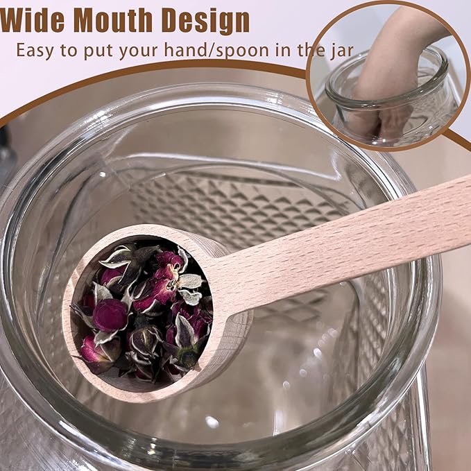 Viovian Large Glass Jar with Wood Lid and Spoon 60 OZ Square Thick Glass Storage Jars Airtight Lids Clear Decorative Vintage Canister for Food Candy Cookie Sugar Coffee Nuts Snack Dog Treat