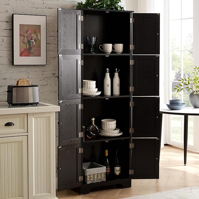 72" H Farmhouse Storage Cabinet, 4 Tier Kitchen Pantry Cabinet with 4 Shelves, 8 Doors Freestanding Floor Storage Cabinet Wooden Organizer Bookcase for Living Room & Kitchen (Black)