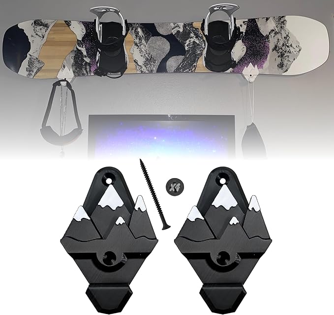 Snowboard Wall Mount with Hooks, Universal Design, Snowboard Rack, Space Saver, Wall Art (Black & White Mountains)