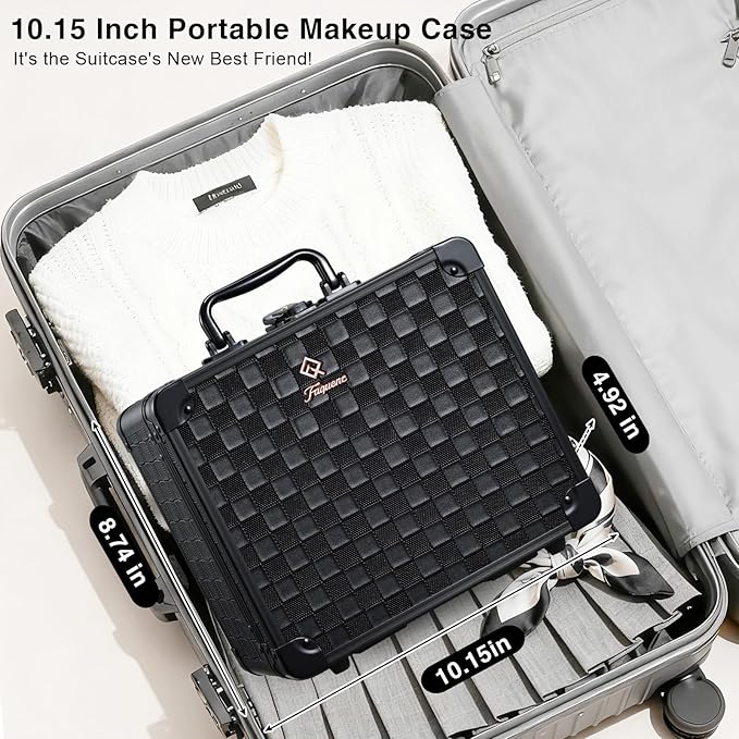 Makeup Case with Magnetic Lighted Mirror 10.15 IN Makeup Organizer Box Travel Cosmetic Case with 3 Colors LED Mirror Portable Vanity Make up Suitcase with Dividers Brush Holder Lock Black Checkerboard