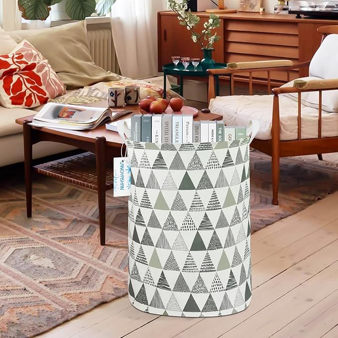 LANGYASHAN Laundry Basket Canvas Fabric Collapsible Organizer Basket for Storage Bin Toy Bins Gift Baskets Bedroom Clothes Children Nursery Hamper (Grey triangle)