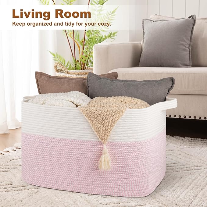XXXL Large Blanket Basket, 108L Cotton Rope Storage Basket for Living Room, Supre Large Toy Baskets for Kids, Woven Basket for Clothes, Towels, Pillows, 25" x 16" x 16", Pink and White
