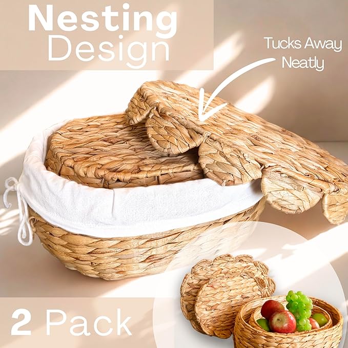 Set of 2 Round Wicker Baskets with Scalloped Lids, Handles, Removable Liners - Decorative Handwoven Water Hyacinth Baskets for Organization of Home, Kitchen, Closet, Pantry, Bathroom, Bread Basket