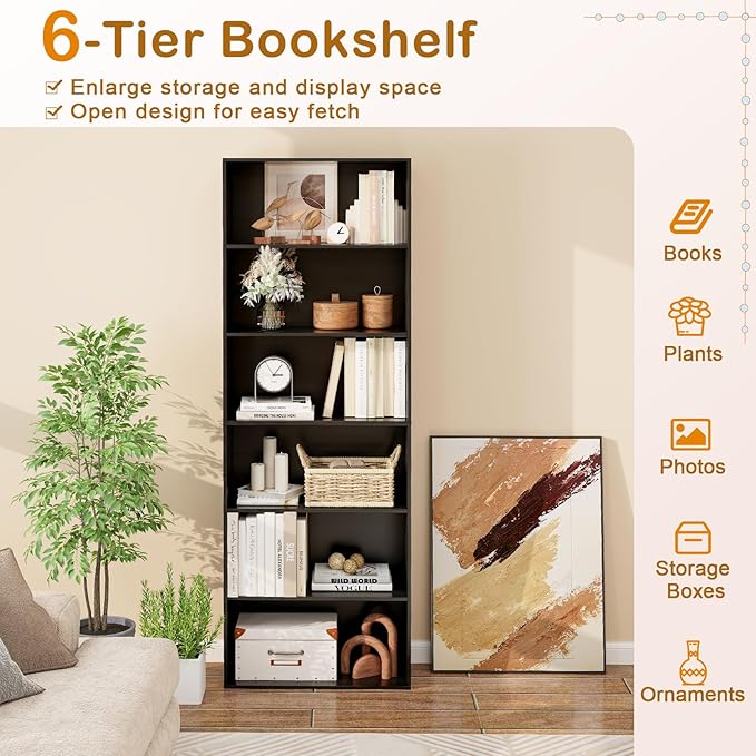 Tangkula 6-Tier Bookcase, 70” Tall Freestanding Bookshelf with 6 Open Shelves, Anti-Toppling Kits, Floor Display Storage Organizer for Living Room, Study, Kitchen, Home & Office (Black, 70" H)
