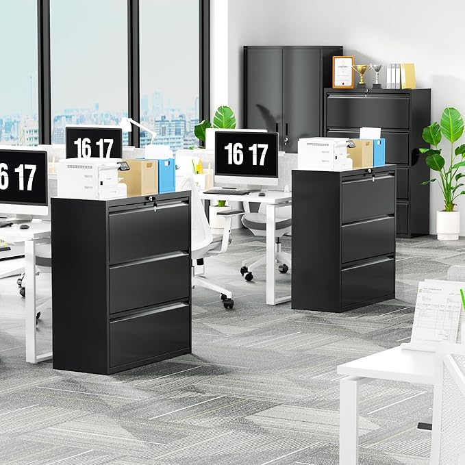 Bonusall 3 Drawer Lateral File Cabinet with Lock, Locking Metal lateral Filing Cabinet for Office Steel lateral File Cabinet, Large Horizontal File Cabinet Locked by Keys-Black
