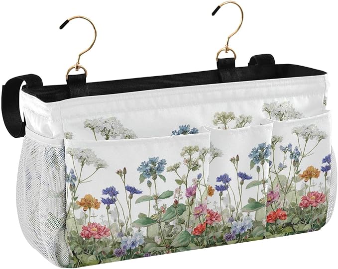 Wildflower Bloom Blue Bedside Caddy for Dorm Bed Bedside Hanging Caddy Bag Iron Frame Storage Organizer Pocket for Bunk Home College Hospital Beds 2 Hooks