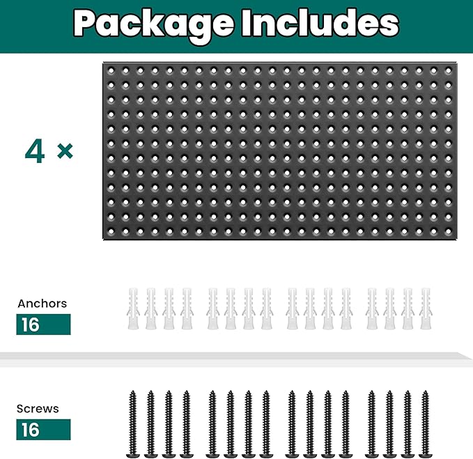 EVERHANGER Metal Pegboard Panels 24" x 12", Heavy Duty Steel Peg Boards for Garage, Pegboard Wall Organizer for Tool Storage and Organization, Black, 4 Pack