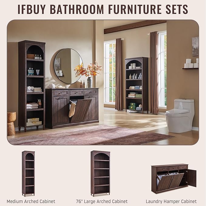 Triple Tilt Out Laundry Hamper Cabinet, 20 Gallon Farmhouse Trash Can Cabinet w/Drawer & Adjustable Shelf, Hidden Garbage Can Bin Cabinets w/Laundry Basket for Bathroom, Kitchen (Brown)