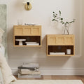 Farmhouse Floating nightstands Set of 2, Small Wall Mounted Storage Cabinet with Open Shelf, Wood Bedside End Table for Bedroom, Living Room, Natural Oak