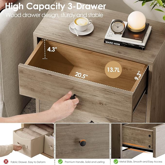 Nightstand, Bedside Tables, Farmhouse Wood Night Stand with 3 Storage Drawers, Small Wooden Dresser Chest of Drawers Bedside Cabinet for Bedroom Small Spaces, Gray