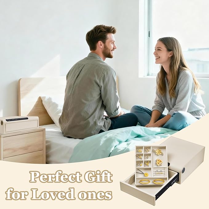 Jewelry Safe with Drawers，Biometric Fingerprint safe, Slide-Away Handgun Safe for Pistols, Leather Wrapped Jewelry Storage Safe, Digital Keypad & Quick-Access Drawer (White- 1 Drawer)