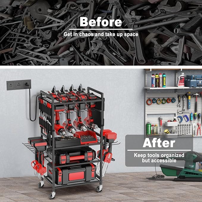 JUNNUJ Garage Large Power Tool Organizer Cart with 20A Charing Station, Heavy Duty Drill and Tools Battery Holder Storage Rack with 10 FT Power Strip, Floor Standing Rolling Tool Cart on Wheels, Black