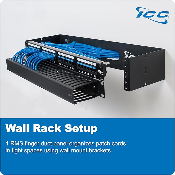 ICC 1U Finger Duct Cable Manager Panel with Cover, Plastic with Metal Back Frame, 3" Depth, Horizontal Cable Management, Rackmount for 19” Network Racks, Black, 6-Pack
