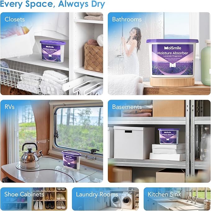 Moisture Absorbers 12 Pack, Lavender Fragrance Closet Dehumidifier for Bathroom, Car ＆ Basement, 10.5 oz Refillable Humidity Absorber Boxes