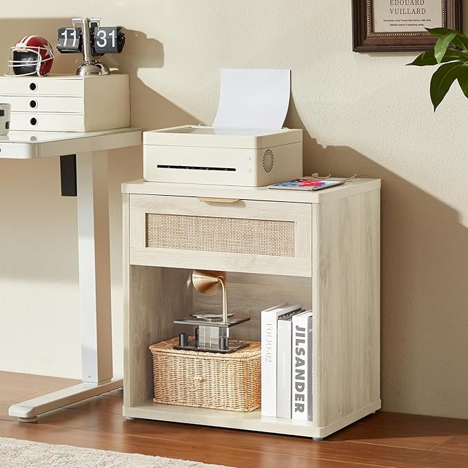 LEYAOYAO Rattan Nightstand with Charging Station, Grey White Night Stand with Drawer, 23" Wide Boho Bedside Table with Storage Shelf, Bed Side End Tables for Bedroom, Living Room, Hallway