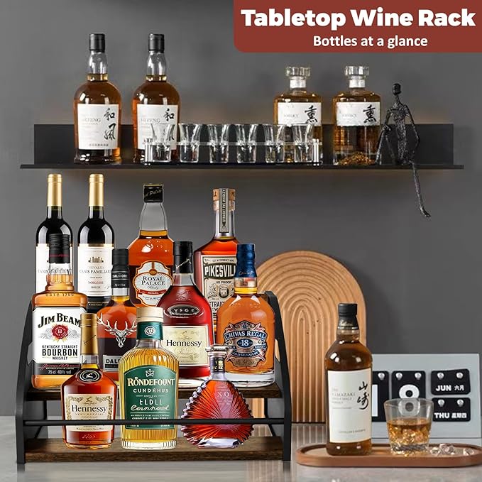 Premium Metal Design - Strong Liquor Bottle Display Shelf, 3 Steps Extra Large Rustic Mini Bar, Countertop Coffee Syrup Organizer with Handles, Ideal Gift for Dad & Liquor Enthusiasts
