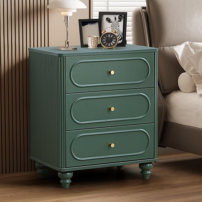 3 Drawer Fluted Dresser for Bedroom, Mid Century Modern Chest of Drawers, Wood Storage Small Dresser Organizer for Bedroom Living Room Hallway Closet, Green