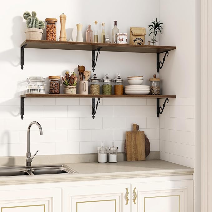 Fun Memories Large Floating Shelves for Wall 48 Inches Long, 12 Inch Deep Shelves with Metal Bracket, 48 Inch Floating Shelves Wall-Mounted, Wide Display & Storage Bookshelves, Walnut, Set of 2