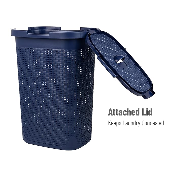 Mind Reader Slim Laundry Hamper with Lid, 60L Clothes Basket, Premium Wicker Design, Plastic, Navy
