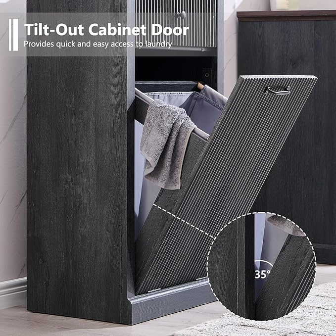 Modern Tilt-Out Laundry Hamper Cabinet, 10 Gallon Fluted Trash Can Cabinet with Drawer, Wooden Hidden Garbage Can Cabinets with Laundry Basket, Free Standing for Bathroom and Kitchen, Grey