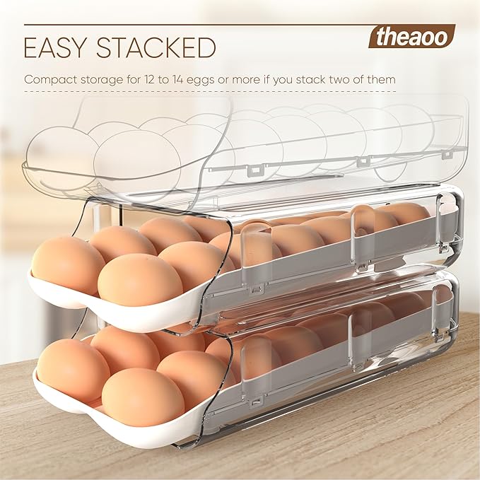 theaoo Egg Holder for Fridge, Automatic Rolling Egg Container for Refrigerator, Clear Plastic Egg Dispenser, Stackable Eggs Organizer with Quick Removable inner Tray For Organizers and Storage, 2 Pack