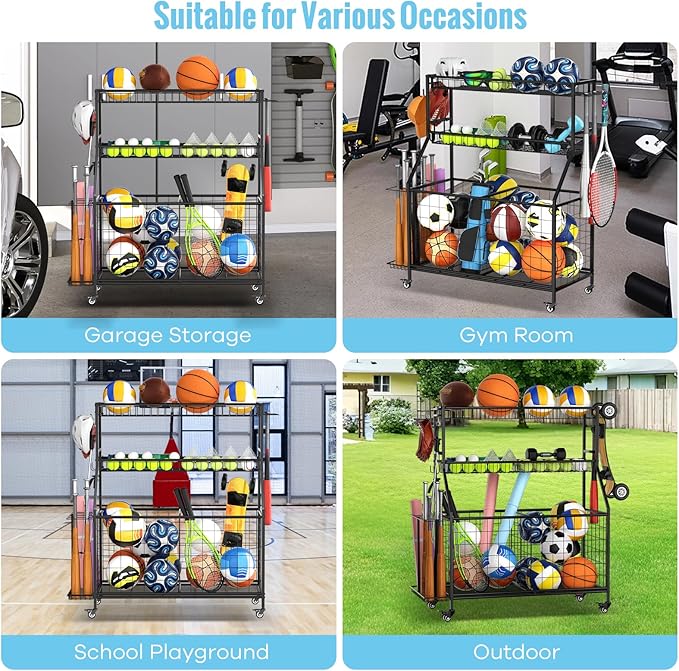 Sports Equipment Garage Organizer - Heavy Duty Garage Organization Ball Storage Rack with Basket, Hooks and Rolling Cart for Sports Gear and Toy Storage, Indoor/Outdoor Use, Black