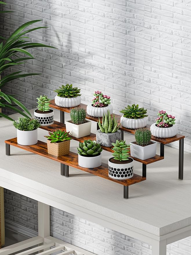 Set of 4 Wooden Display Stand Riser, 3 Tier Perfume Organizer Stand Cupcake Stand Holder, Tiered Display Stand Risers Display Shelf for Home and Shop (Black, 4 pcs)
