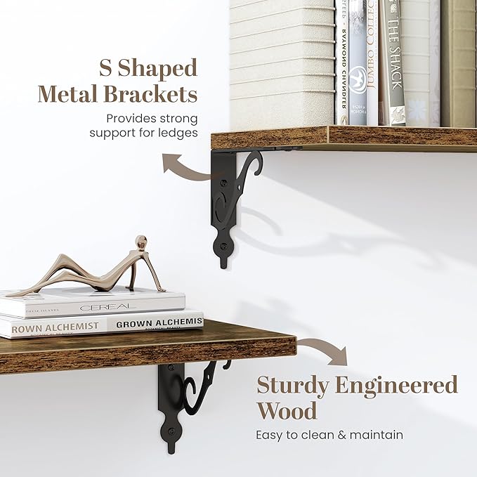 Fun Memories 55 Inch Floating Shelves, Long Floating Shelves Wall-Mounted, 8 Inch Deep Bookshelf with Bracket, 55" W x 8" D Shelves for Wall Display & Storage, Rustic Brown, Set of 2