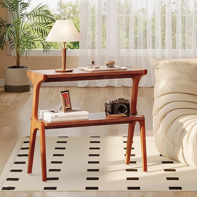 Solid Wood End Table, 2-Tier Side Table with Storage Shelf, Wooden Modern Accent Slim Bedside Table for Sofa, Living Room, Bedroom, Small Space, Easy Assembly, Cherry