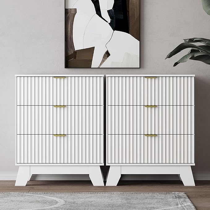 Night Stand Set 2, Bedside Table & End Table, Mid Century Modern Fluted Wood Nightstand with 3 Drawers & Metal Handles, Farmhouse Nightstand for Bedroom, White
