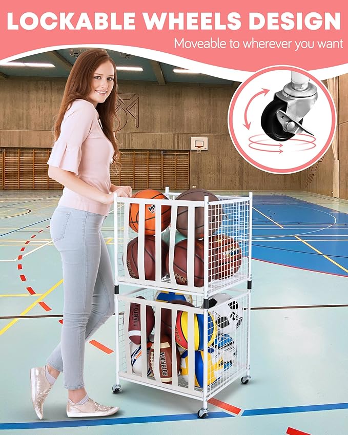 Mythinglogic Rolling Sports Ball Storage Cart, Sports Lockable Ball Storage Locker with Elastic Straps, Stackable Ball Cage for Garage Storage Garage Organizer