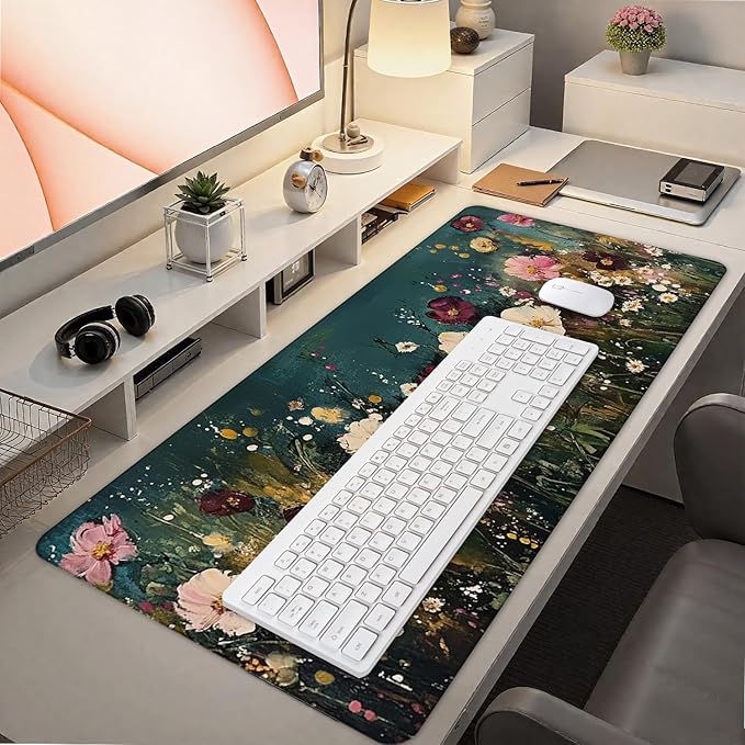 Vintage Wildflower Large Mouse Pad 31.5x15.7inch, Retro Floral Large Extended Computer Desk Mat Mousepad for Keyboard and Mouse, Floral Desk Accessories