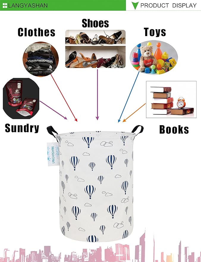 LANGYASHAN Laundry Basket Canvas Fabric Collapsible Organizer Basket for Storage Bin Toy Bins Gift Baskets Bedroom Clothes Children Nursery Hamper (Round Blue Balloon)