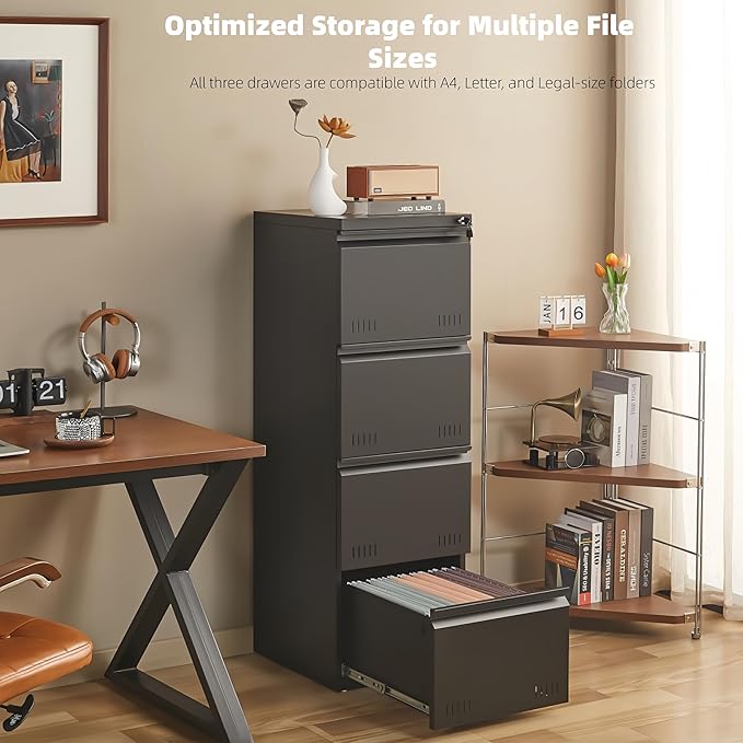Metal File Cabinet with Lock, Vertical 4 Drawer File Cabinets for Home Office, Heavy Duty Office Storage Cabinet for A4/Letter/Legal Size, Assembly Required(Black)